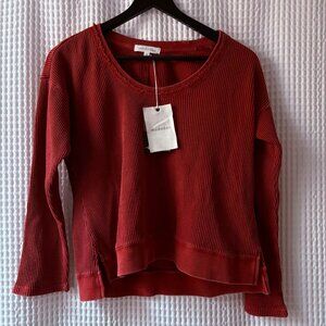 Mododoc NEW women's XS rustic red washed waffle long sleeve open neck top